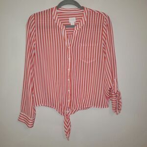 CHICOS CORAL & WHITE VERTICAL STRIP SHEER TIE FRONT BUTTON DOWN TOP SIZE 0